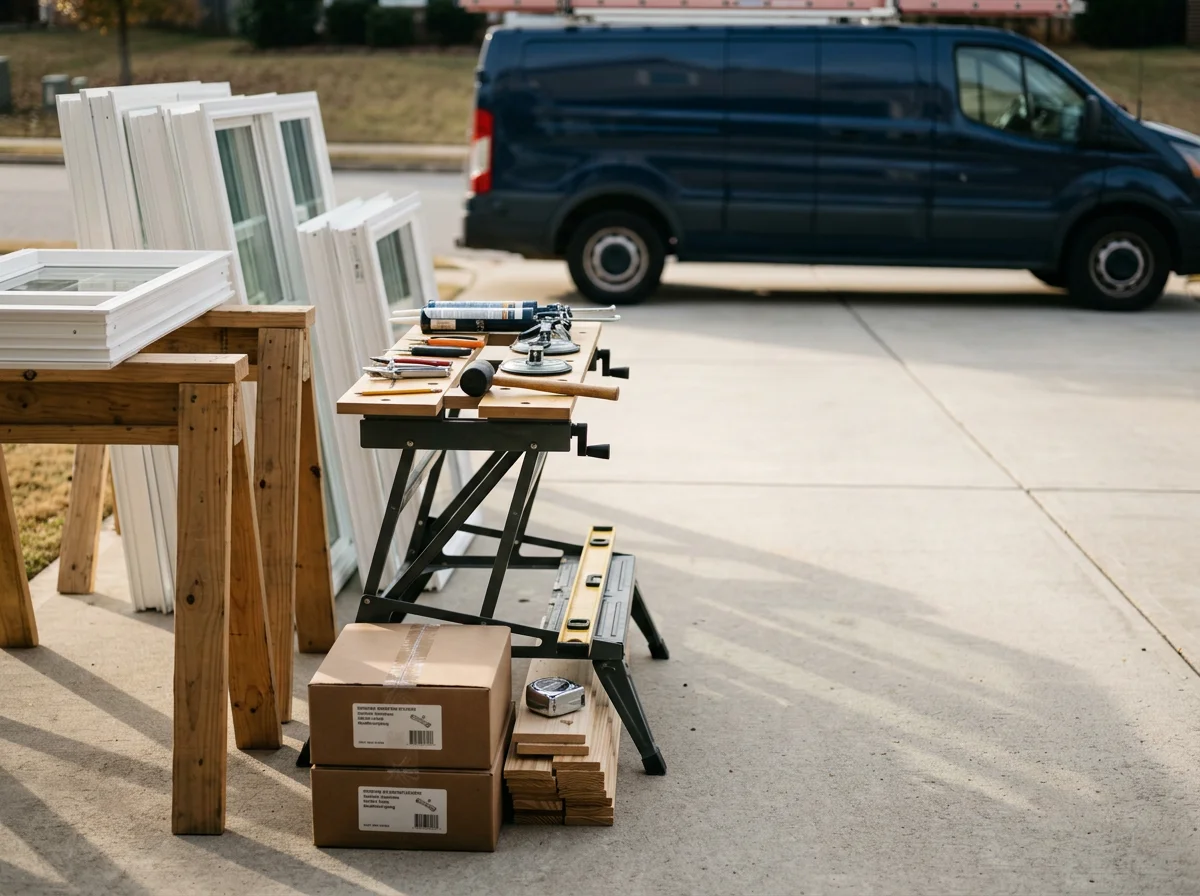 Professional window installation crew at work on a residential home, showcasing tools and materials used in the replacement process.