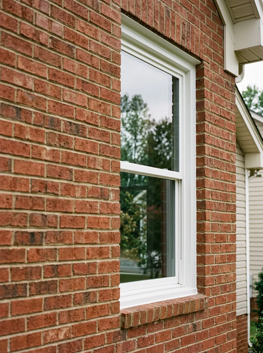 Portrait view of a new double-pane window installed in a 2003-era brick subdivision home in Anderson, SC, showing the white vinyl frame and low-E glass against a brick exterior.