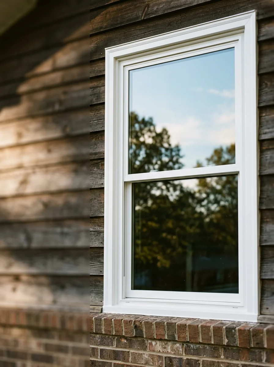 Portrait view of a new vinyl-frame double-pane window installed in a 1978-era family home in Clemson, SC, showing the clean white frame against a wood-sided exterior.