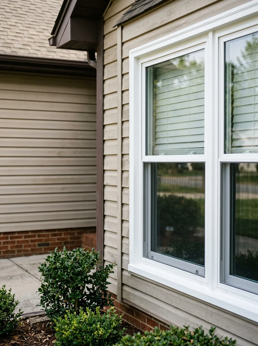 Portrait view of a new double-pane replacement window installed in a 1998-era suburban home in Easley, SC, showing the white vinyl frame against a tan vinyl-sided exterior.
