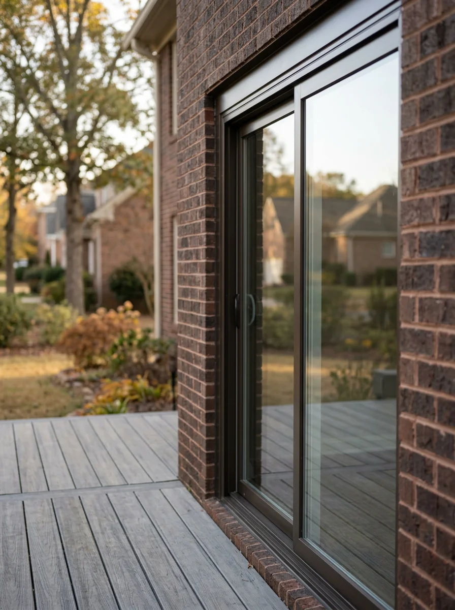 Portrait view of a newly installed sliding glass door on the rear deck of a Five Forks, SC subdivision home, showing the clean aluminum frame and clear low-E glass panel.