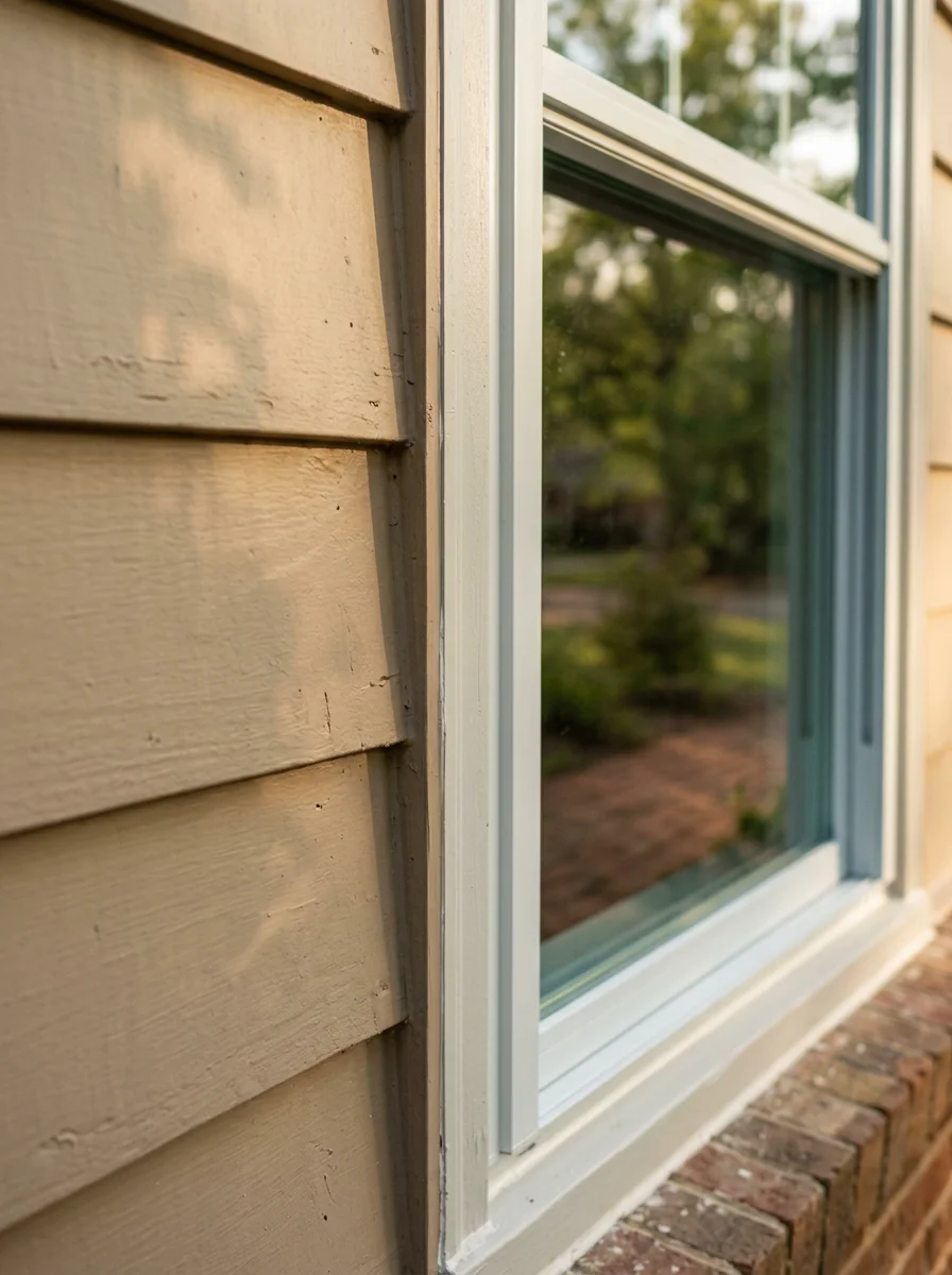 Close-up portrait view of a freshly installed energy-efficient window with low-E glass in a Greenville, SC home, showing the clean frame seal against a painted wood exterior.