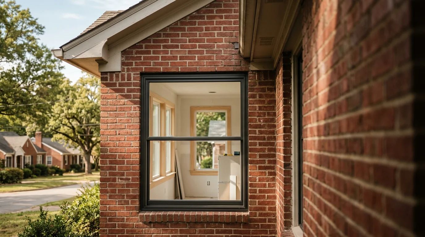 A window installer fitting a new double-pane replacement window into a 1950s brick bungalow in Greenville, SC, with the Overbrook neighborhood visible in the background.