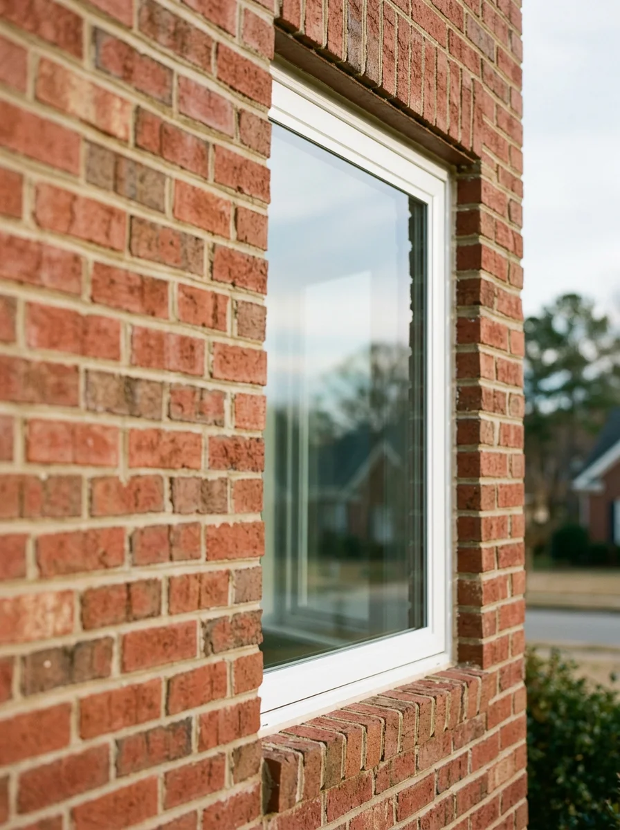 Portrait view of a new low-E double-pane window installed in a 2001-era brick subdivision home in Greer, SC, showing the white vinyl frame against the brick facade.