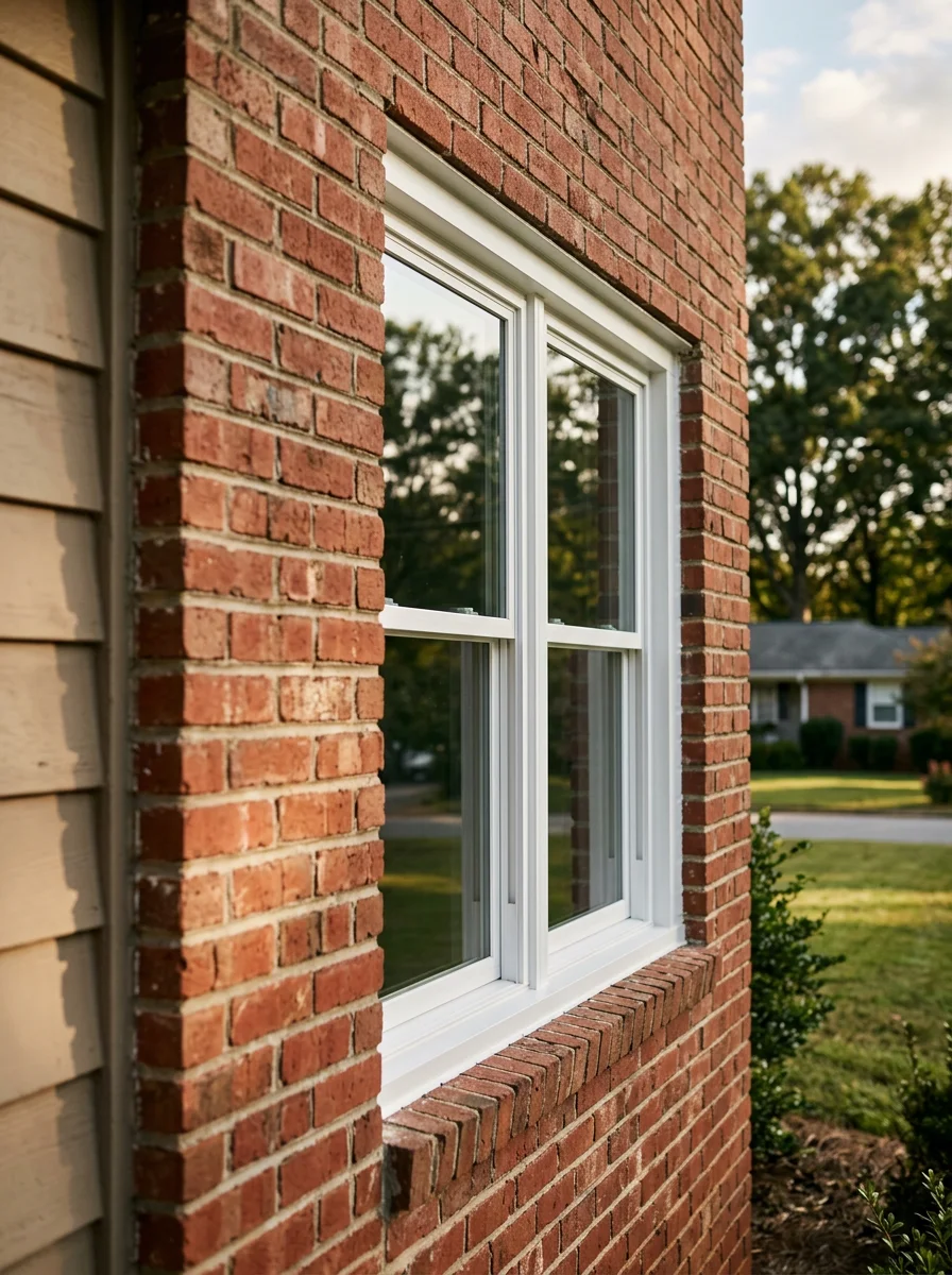 Portrait view of a freshly installed vinyl-frame replacement window on a 1960s ranch-style home in Spartanburg, SC, showing the clean white frame against red brick exterior.