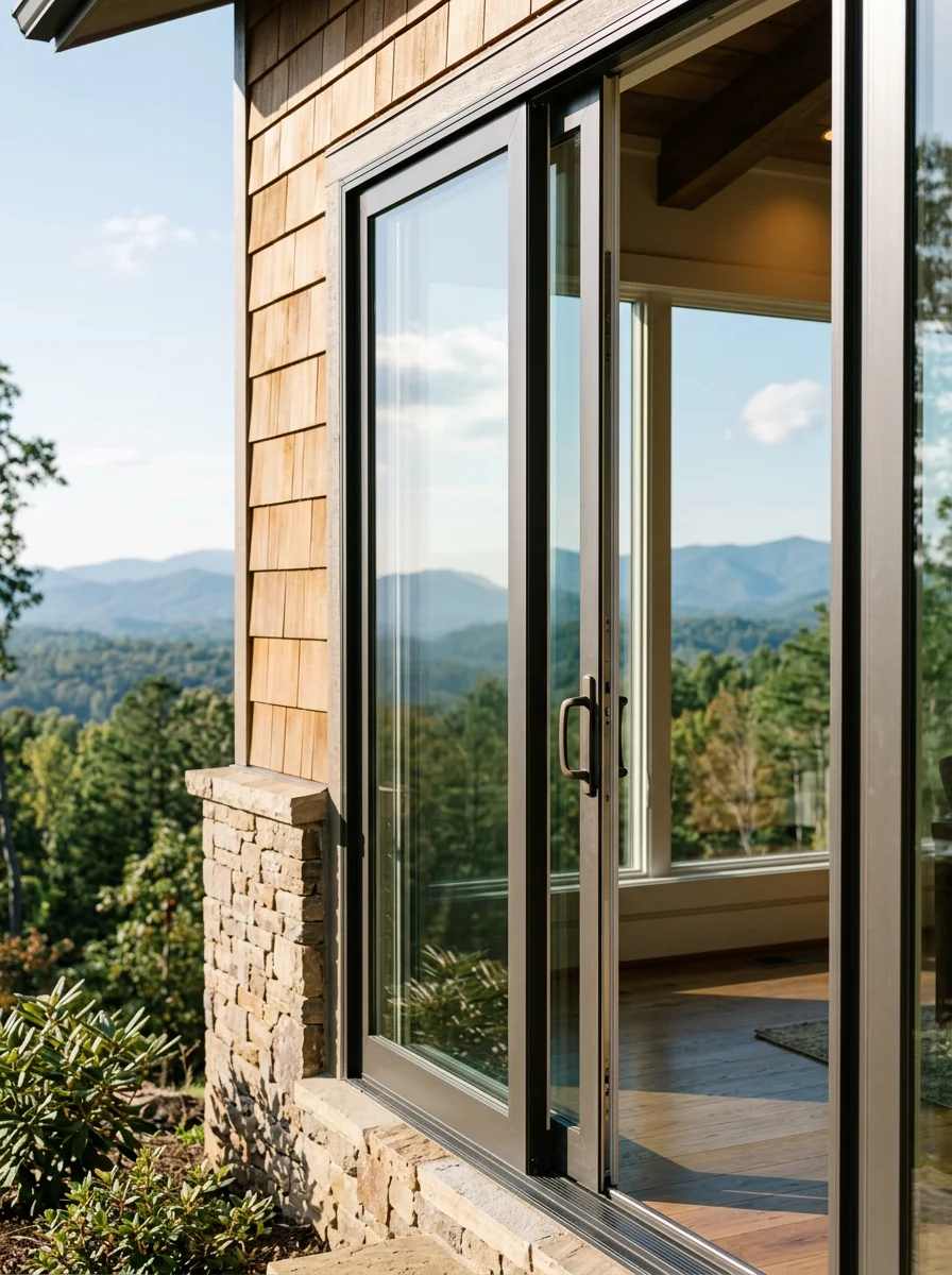 Portrait view of a new sliding glass door installed in a hillside custom home in Travelers Rest, SC, framing a mountain view through clear low-E glass panels.