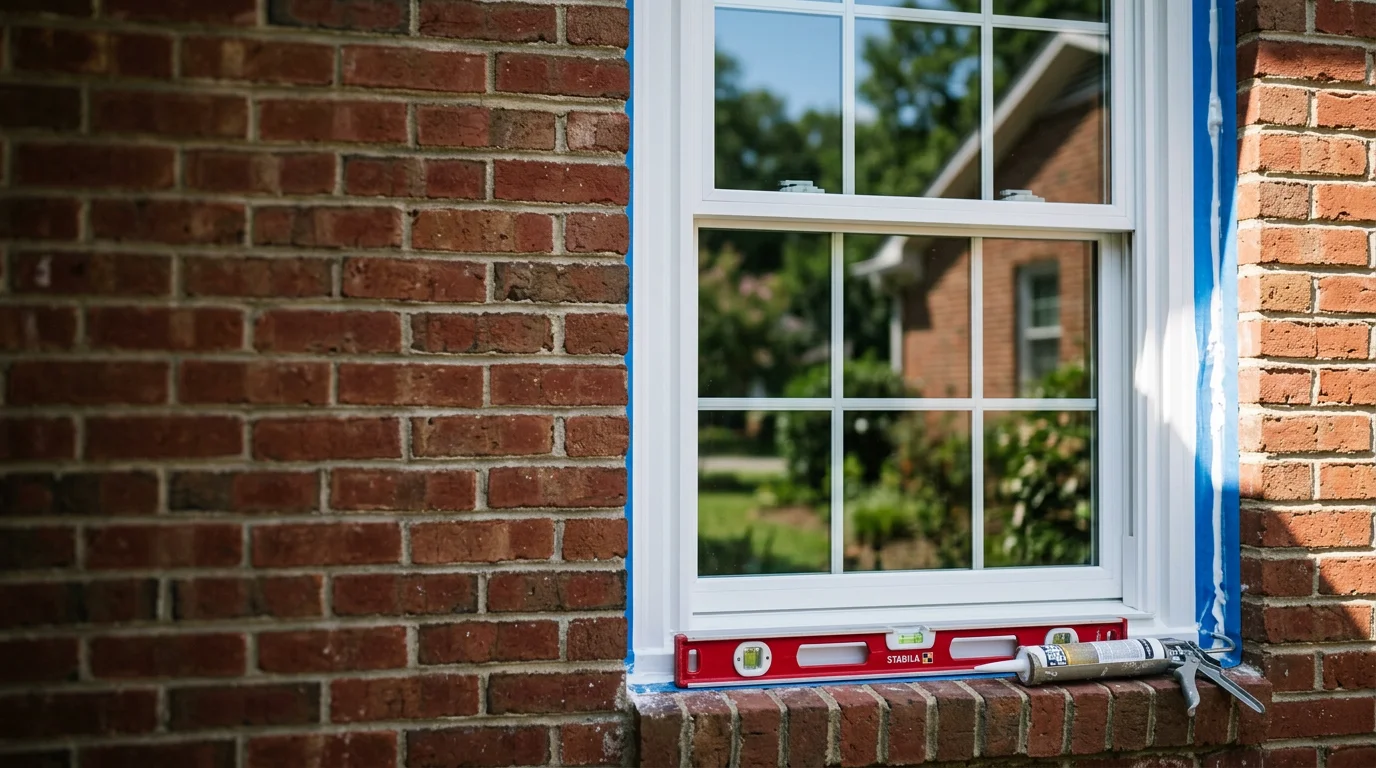 A newly installed energy-efficient window on a residential home in Greenville, South Carolina, showing a clean frame seal and clear glass with a view of a typical Upstate SC neighborhood. Close-up detail of the window frame and weatherseal against the exterior siding.