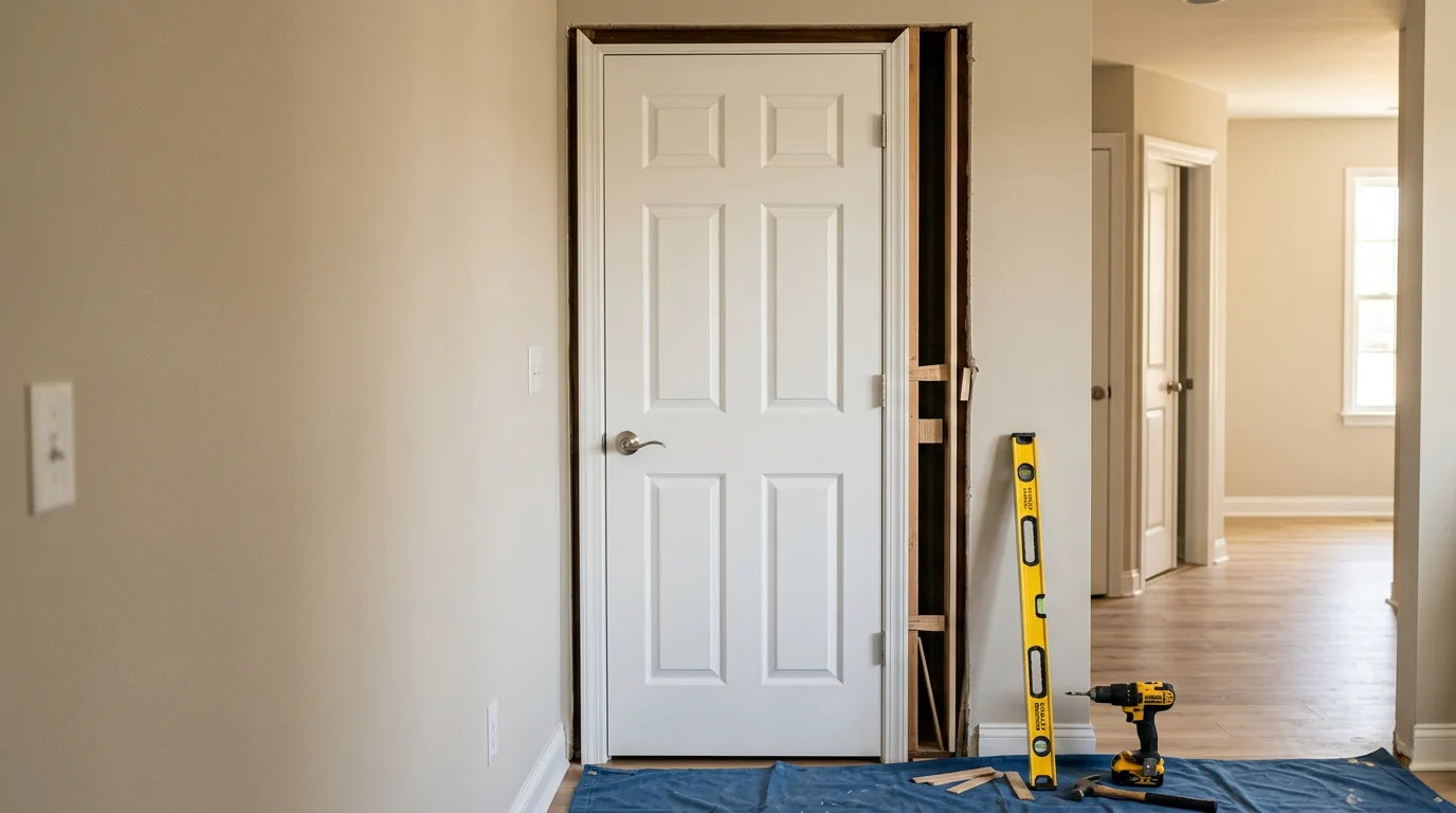 A freshly installed interior door in a Greenville, SC home, showing clean trim lines and a properly fitted door frame in a residential hallway. The door is fully hung and closed, with no visible gaps between the door slab and the surrounding casing.