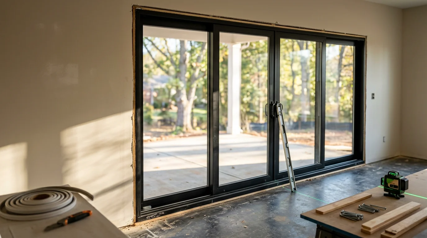 A newly installed sliding glass door on the back of a residential home in Greenville, South Carolina, with a clean frame, clear glass panels, and a smooth-operating track. The door opens to a rear patio, showing the finished installation from inside the living area.