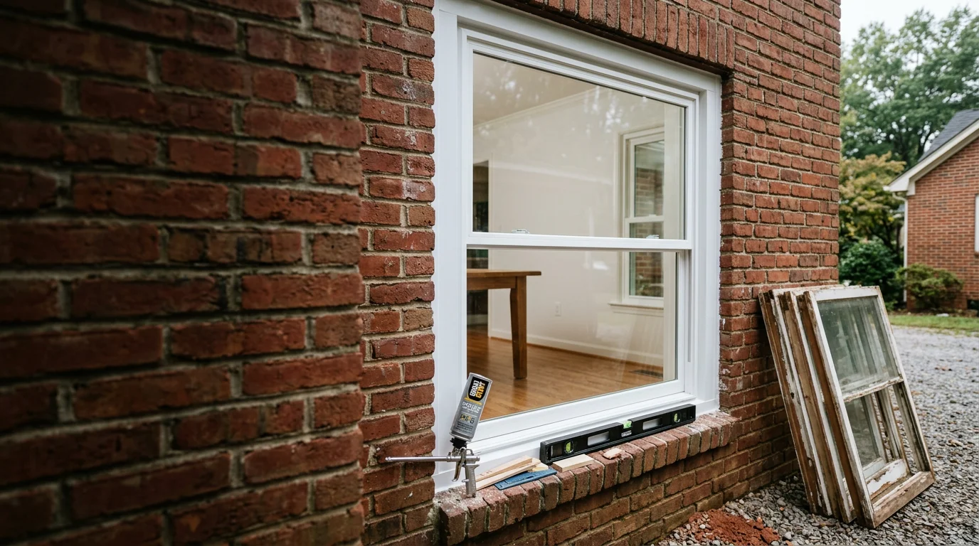 A Brilliant Windows crew member completing a window replacement on a residential home in Greenville, South Carolina. The finished window shows a clean frame fit with no visible gaps along the exterior trim.